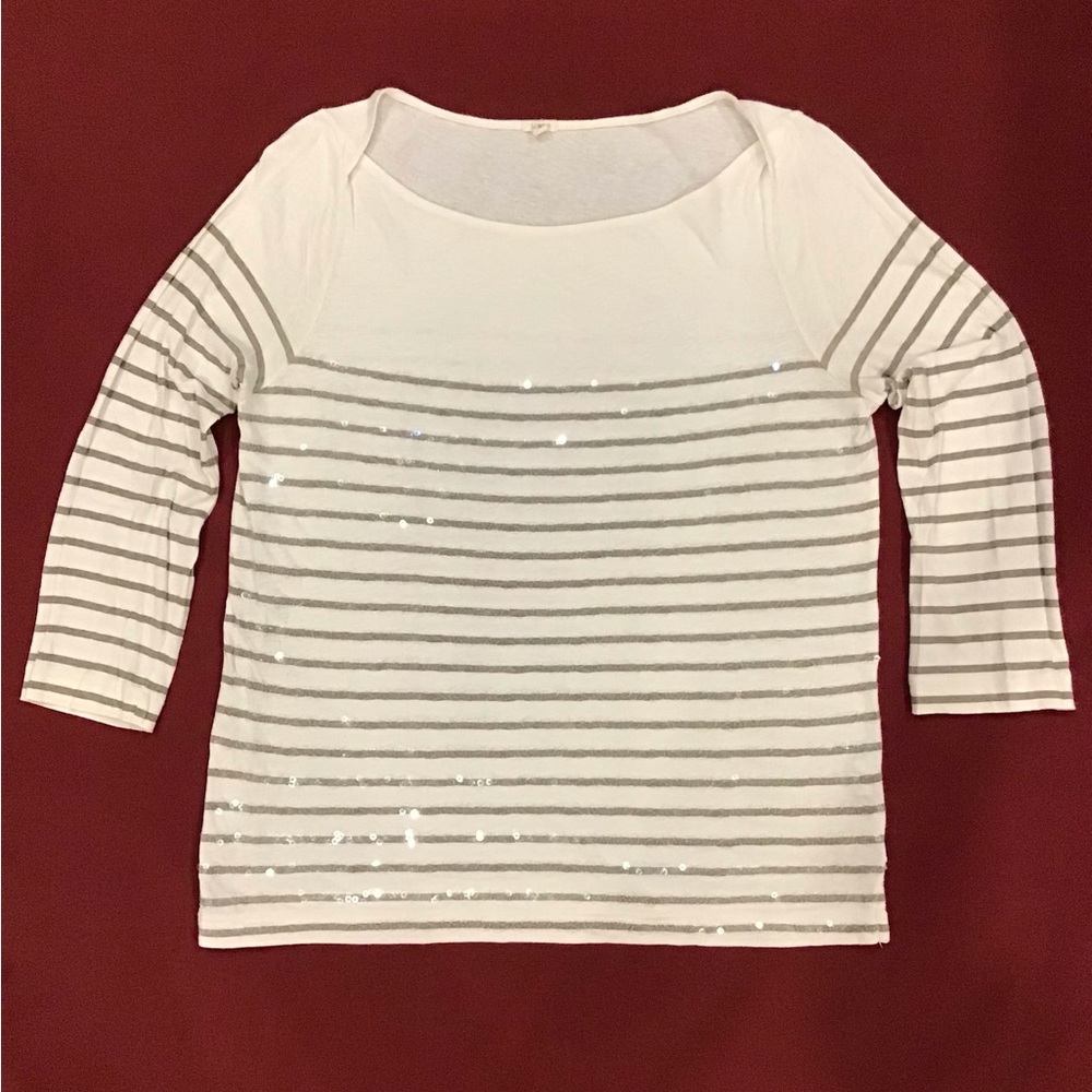 J. Crew Ivory and Taupe 3/4 Sleeve Sequined Top